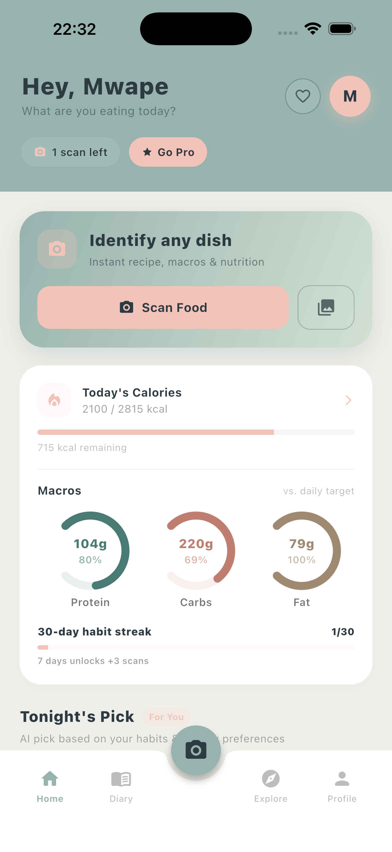 Onai nutrition app interface