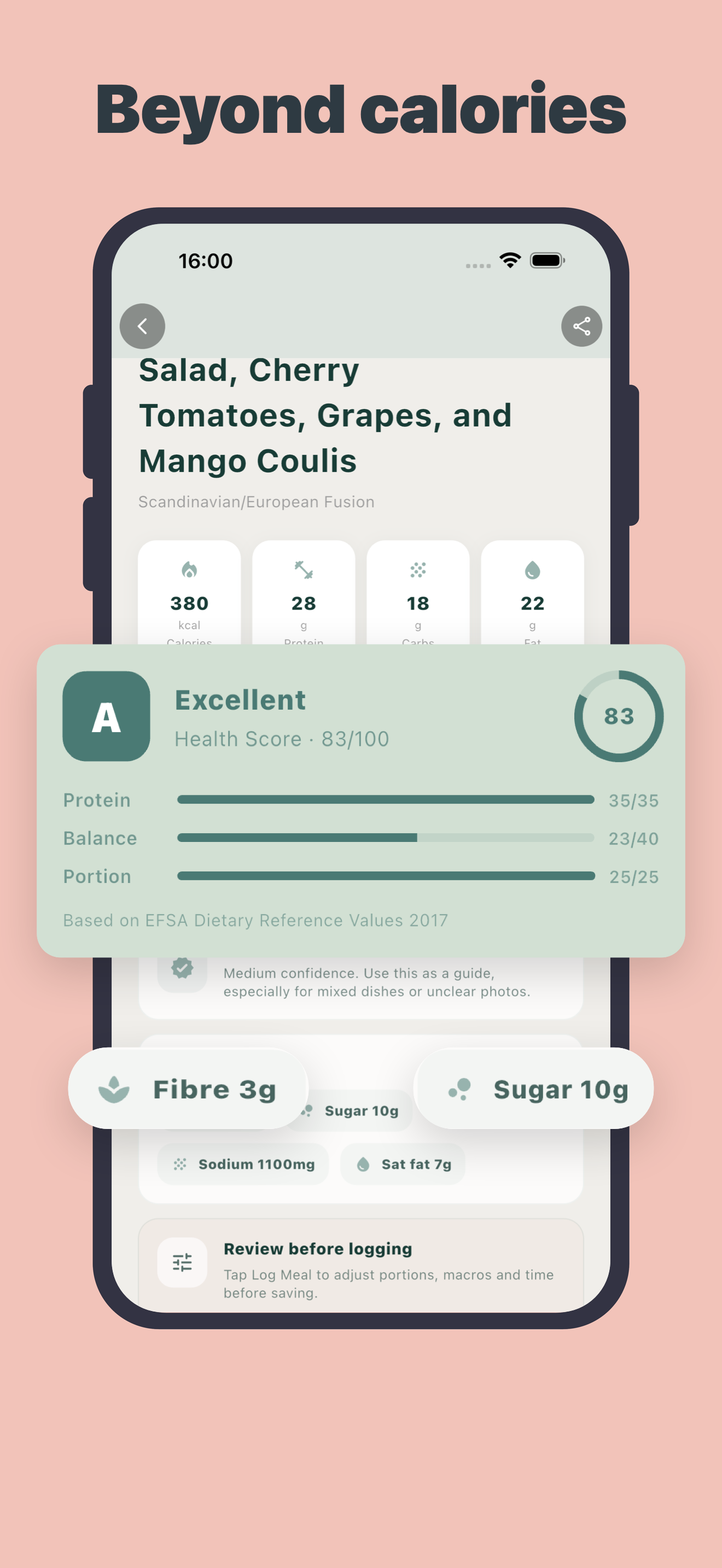 Onai nutrition result with its health score and nutrition signals extending beyond the phone